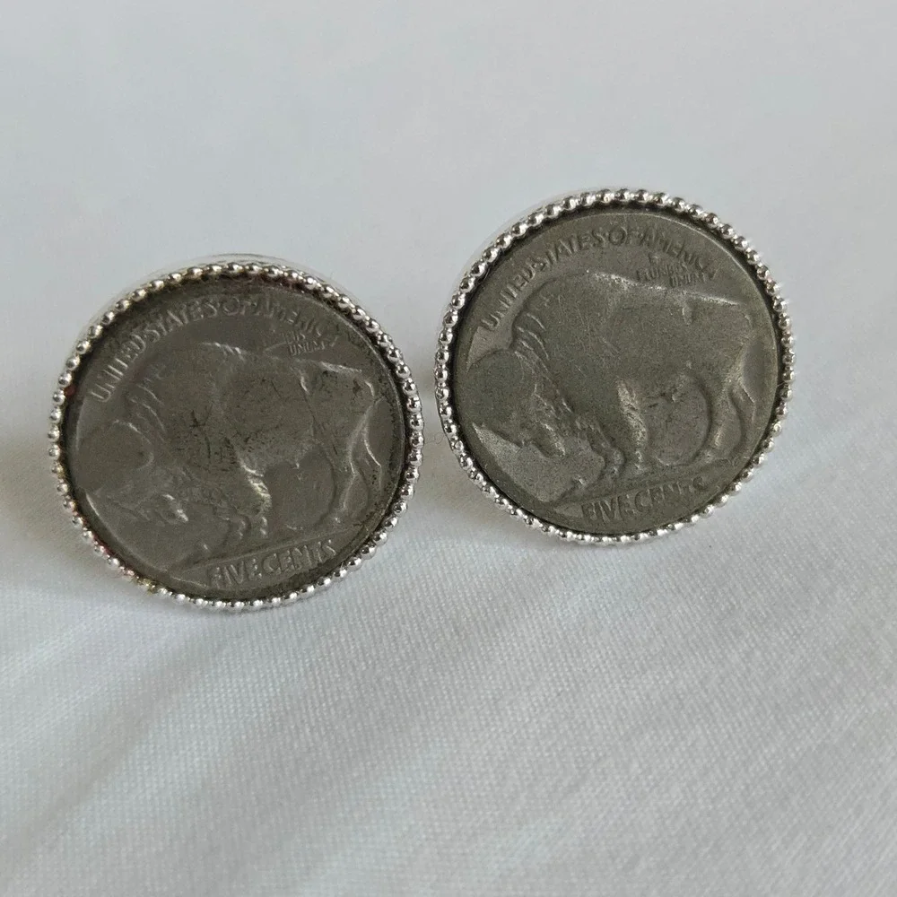 VTG Buffalo Nickel Cufflinks OS Mens Silver Coin Jewelry Five Cents Western USA